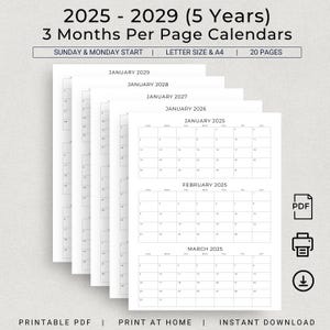 Calendario de 5 años 2025 a 2029 para imprimir, calendario de 3 meses por página, calendario trimestral 2025, 2026, 2027, 2028, 2029, planificador mínimo mensual en formato PDF