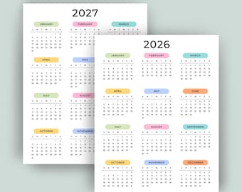 May include: Two white 2026 and 2027 yearly calendars. Each month is labeled with a different color. The calendars show the days of the week and dates. The year 2027 is on the left, and 2026 is on the right.