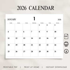 May include: A minimalist 2026 January calendar in black and white. The calendar features a simple layout with the days of the week across the top and dates in a grid. Text includes "2026 CALENDAR", "JANUARY", and "PRINTABLE PDF | PRINT AT HOME | INSTANT DOWNLOAD".