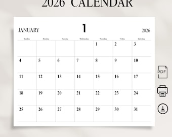 2026 Calendar 2026 Monthly Planner Landscape Classy Big Numbers Wall Calendar Sunday & Monday Start 2026 A4 Letter Size PRINTABLE PDF