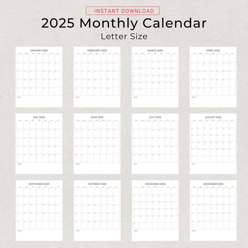 2025 Monthly Planner Vertical 2025 Calendar Printable Minimalist Sunday