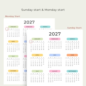 2027 Yearly Calendar 2027 Wall Calendar Printable 2027 Calendar Portrait A3 A4 US Letter Color Desk Planner 2027 PDF Sunday & Monday Start