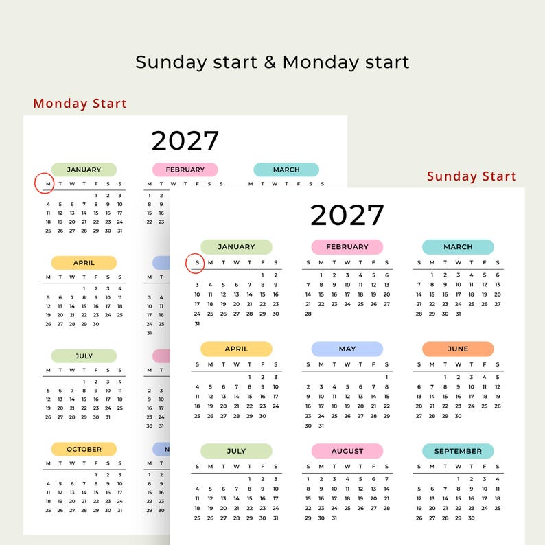 2027 Yearly Calendar 2027 Wall Calendar Printable 2027 Calendar Portrait A3 A4 US Letter Color Desk Planner 2027 PDF Sunday & Monday Start