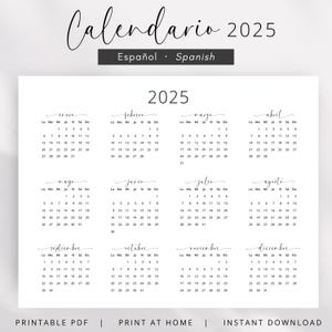 2025 Calendario en Español 2025 Calendario Español 2025 Calendario Español Paisaje Imprimible PDF Calendario A3 A4 Tamaño Carta Descarga Instantánea