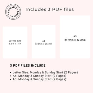 May include: Three printable PDF files for a weekly planner in Letter, A4, and A3 sizes. Each planner includes Monday and Sunday start options, with two pages per week.
