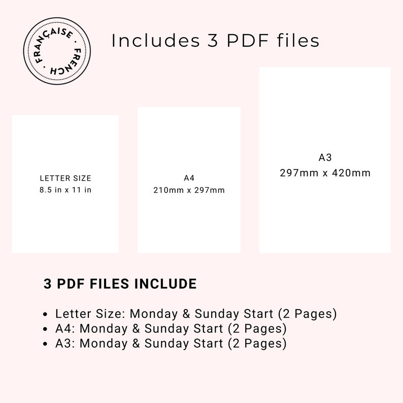 May include: Three printable PDF files for a weekly planner in Letter, A4, and A3 sizes. Each planner includes Monday and Sunday start options, with two pages per week.