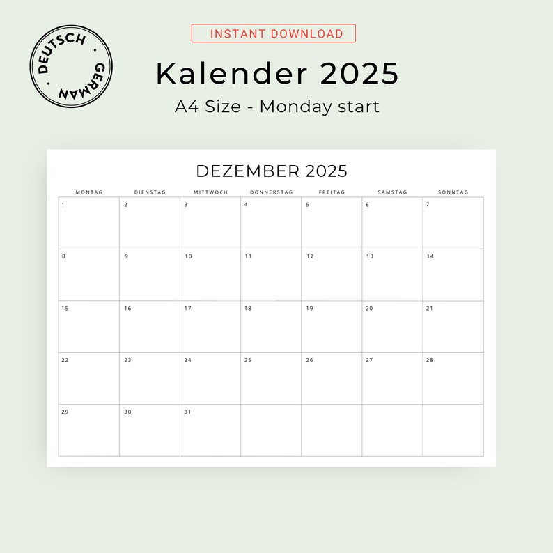 2025 Kalender 2025 Monatskalender German Calendar 2025 PRINTABLE Monthly Calendar in German 2025 Monthly Planner Minimal Germany A4 Letter