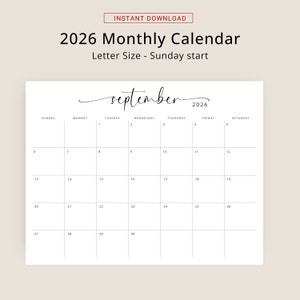 2026 Calendar 2026 Monthly Planner Landscape Elegant Monthly Calendar Sunday Start Monday Start 2026 Wall Calendar Monthly PRINTABLE PDF