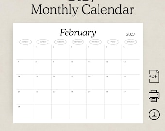 Calendario 2027 Calendario de pared 2027 Planificador mensual Estilo editorial moderno Agenda Paisaje Domingo y lunes Inicio PDF IMPRIMIBLE A4 Carta EE. UU.