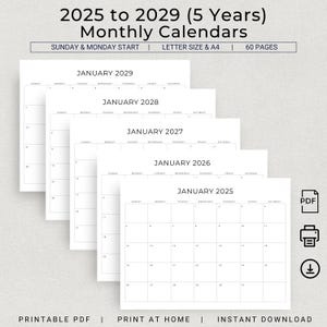 Planificador mensual 2025-2029 Calendario de pared de 5 años 2025 2026 2027 2028 2029 PDF imprimible Calendario familiar minimalista con paisaje Elegante tamaño carta A4