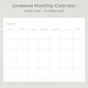 Blank Monthly Calendar Undated Monthly Planner Minimalist Blank Calendar Landscape Sunday Start Monday Start A4 Letter Size PRINTABLE PDF