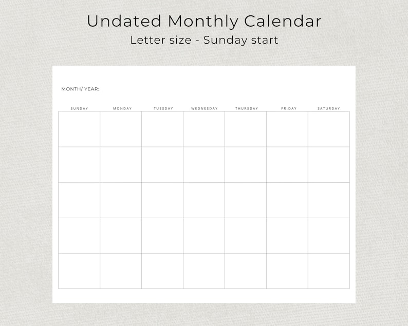 Blank Monthly Calendar Undated Monthly Planner Minimalist Blank Calendar Landscape Sunday Start Monday Start A4 Letter Size PRINTABLE PDF