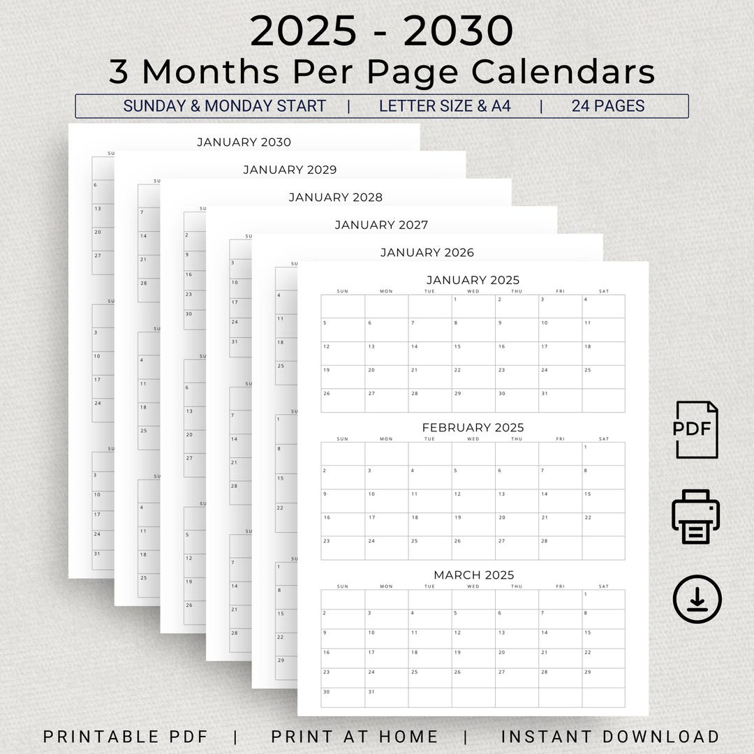 2025-2030 Calendar 2025 to 2030 Planner 3 Months per Page Calendar ...