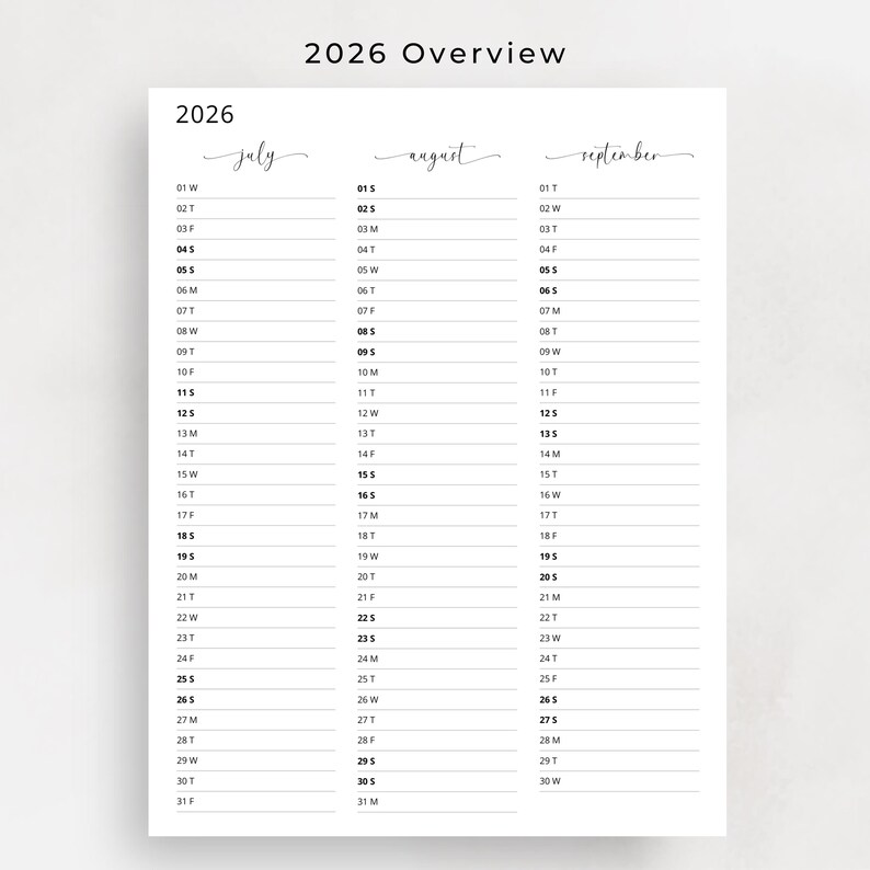 2026 Yearly Planner 2026 Year at a Glance Calendar 3 Months Per Page 2026 Yearly Overview Calendar Portrait Elegant PRINTABLE PDF Download