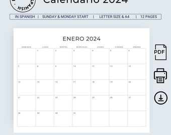 Calendrier 2024 en espagnol Calendrier 2024 espagnol Agenda mensuel 2024 Calendario en espagnol Calendrier minimal 2024 A4 format lettre PDF