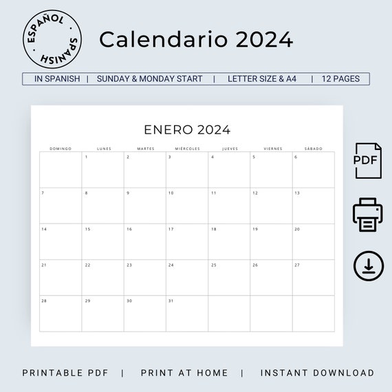 2024 Calendario En Español 2024 Spanish Calendar 2024 Calendario Mensual  Monthly Planner in 2024 Spanish Minimal Calendar A4 Letter Size PDF 