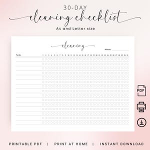 Lista de limpieza de 30 días Lista imprimible de tareas de limpieza diaria Tareas de limpieza Recordatorio de limpieza Programa de limpieza Horizontal A4 Carta Elegante