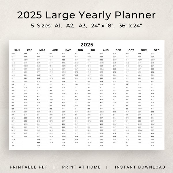 2025 Wall Planner 2025 Large Yearly Planner Printable Landscape 2025 Calendar Giant Annual Planner Yearly Organizer A1 A2 A3 36"x24" 24"x18"