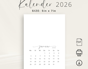 May include: A white 2026 calendar with the word "Kalender" and the month of January displayed. The calendar is 5 inches by 7 inches. The text "DEUTSCH - GERMAN" is at the top.