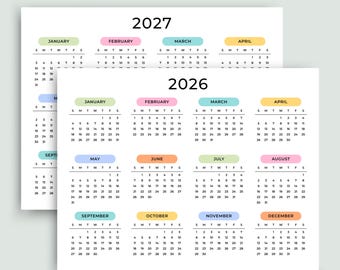 2026 2027 Calendar Minimalist 2026-2027 Wall Calendar Landscape Printable PDF Yearly Calendar A3 A4 US Letter Monday & Sunday Start Color
