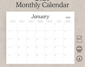 2026 Kalender 2026 Planer Editionsstil Monatskalender Landschaft Sonntag & Montag Start 2026 Wandkalender DRUCKBARE PDF A4 US Letter