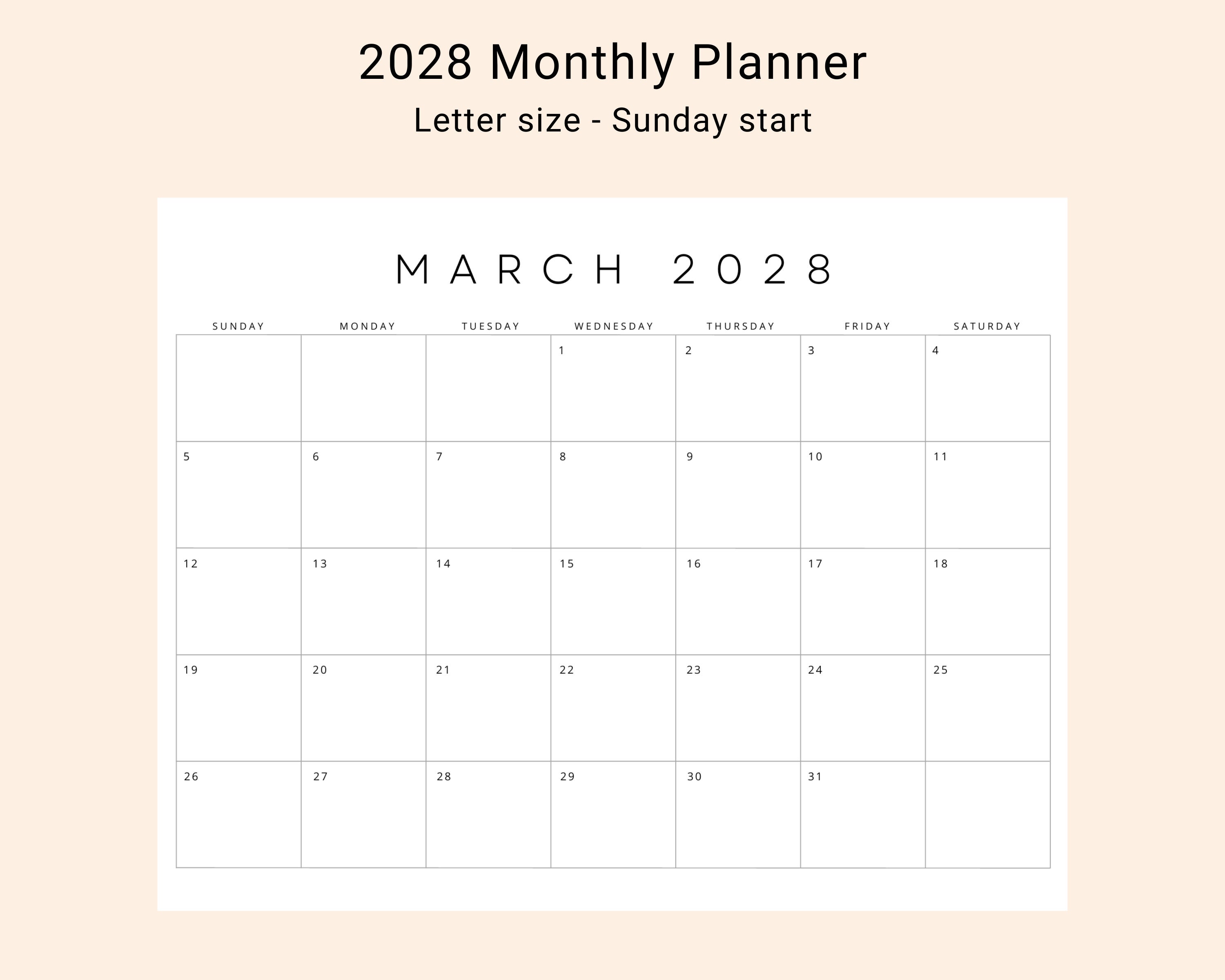 2028 Calendar 2028 Monthly Calendar Printable 2028 Planner Minimal Monthly  Planner Landscape Black & White A4 Letter Size Print at Home PDF - Etsy