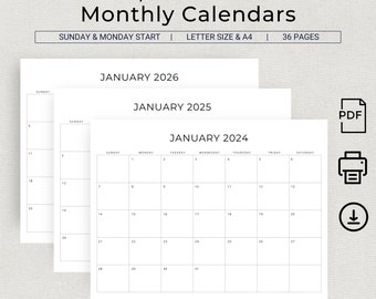 2024 2025 2026 Monthly Calendar 3 Years Monthly Planner Landscape Calendar 2024 2025 2026 Monthly Printable Planner Sunday & Monday Start