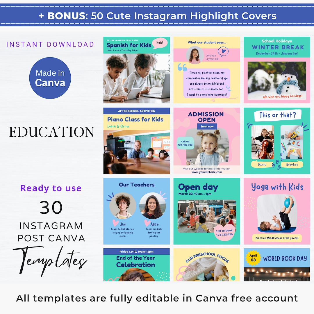 30 Kids Education Instagram Post Canva Template Early Childhood ...