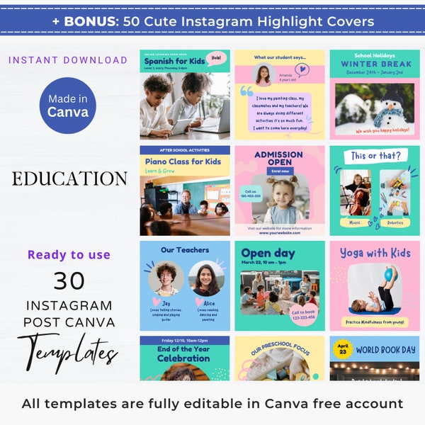 30 Publicaciones de Instagram sobre educación infantil Plantilla Canva Educación para la primera infancia Jardín de infantes Guardería Cuidado de niños Regreso a clases Feed de redes sociales