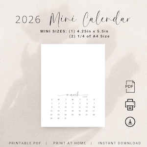 2026 Mini Calendar Printable 2026 Small Calendar Portrait DIY Calendar Desk Calendar 2026 Mini Planner Insert Bullet Journal 2026 Elegant