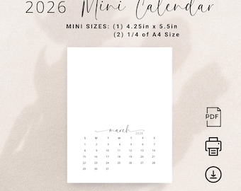 2026 Mini Calendar Printable 2026 Small Calendar Portrait DIY Calendar Desk Calendar 2026 Mini Planner Insert Bullet Journal 2026 Elegant