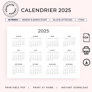 Calendario 2025 Calendario 2025 en formato horizontal en francés Calendario de pared anual 2025 IMPRIMIBLE A3 A4 Carta 2025 Planificador Insertar PDF Descarga instantánea