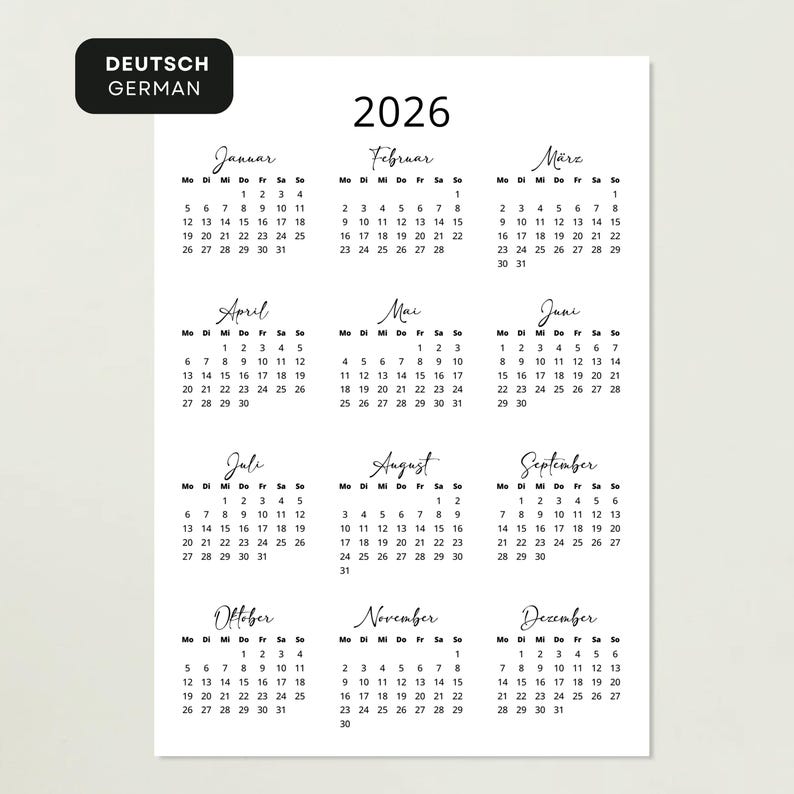 Kalender 2026 Kalender Deutsch Kalender Zum Ausdrucken 2026 Deutschland