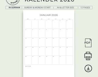 2026 Kalender Deutsch 2026 Kalender Planner minimalista in tedesco Ritratto STAMPABILE PDF Planner Tedesco Download immediato Calendario da parete 2026