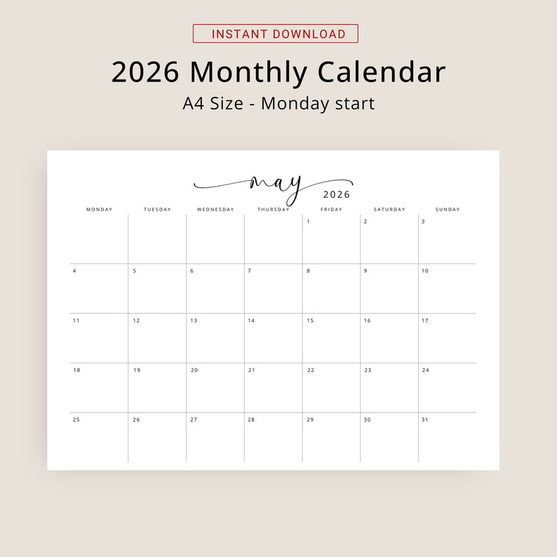 2026 Calendar 2026 Monthly Planner Landscape Elegant Monthly Calendar Sunday Start Monday Start 2026 Wall Calendar Monthly PRINTABLE PDF