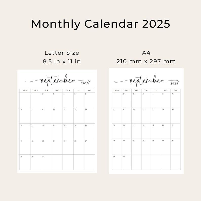 2025 Calendar 2025 Monthly Planner Vertical Sunday & Monday Start 2025