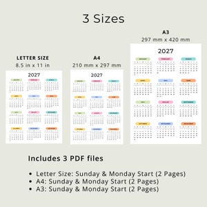 2027 Yearly Calendar 2027 Wall Calendar Printable 2027 Calendar Portrait A3 A4 US Letter Color Desk Planner 2027 PDF Sunday & Monday Start