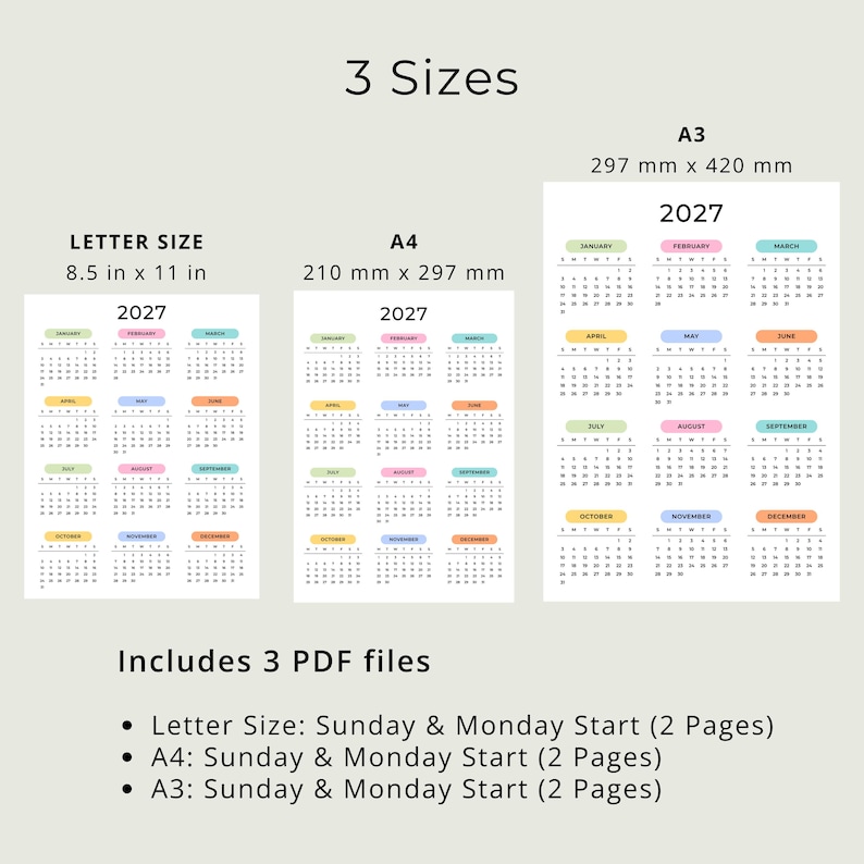 2027 Yearly Calendar 2027 Wall Calendar Printable 2027 Calendar Portrait A3 A4 US Letter Color Desk Planner 2027 PDF Sunday & Monday Start