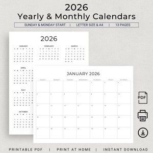 May include: Printable 2026 yearly and monthly calendars in black and white. The calendars start on Sunday and Monday. The image shows a close-up of the January 2026 calendar page. The calendar is in a letter size or A4 format.  The text "Printable PDF", "Print at Home", and "Instant Download" is at the bottom of the image.
