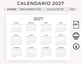 Calendario 2027 Italiano Calendario Annuale 2027 Calendario in Italiano 2027 STAMPABILE Calendario Italiano 2027 PDF Orizzontale A3 A4 Lettera