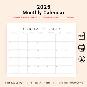 Planificador mensual 2025 Paisaje Calendario mensual 2025 Domingo Inicio Lunes Inicio Tamaño carta A4 Simple Limpio Mínimo Planificador PDF imprimible