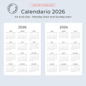 Calendario 2026 Calendario en Español 2026 Calendario Imprimible Calendar Spanish 2026 Printable Minimalist Wall Calendar A3 A4 Letter Size