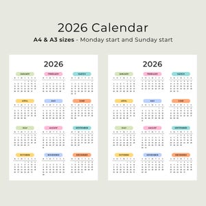 2026 Yearly Calendar 2026 Calendar Printable 2026 Wall Calendar Portrait A3 A4 US Letter Color Desk Planner 2026 PDF Sunday & Monday Start