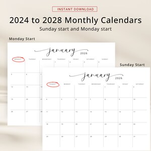 2024 to 2028 Calendar 5 Years Calendar 2024 2025 2026 2027 2028 Monthly ...