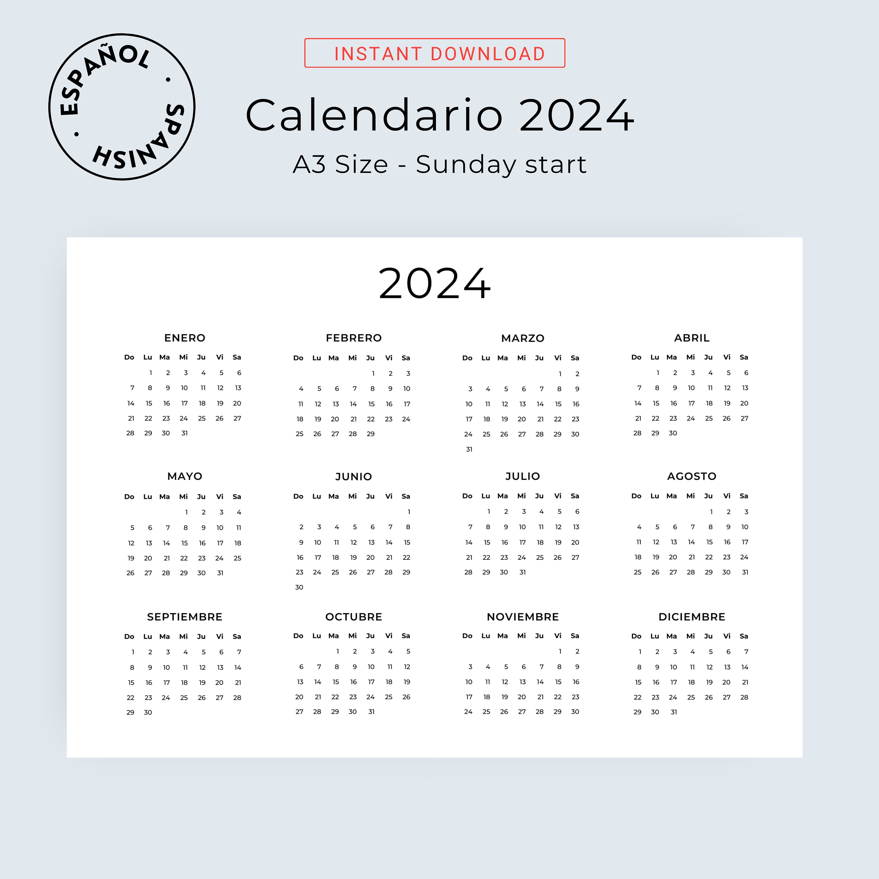 Calendario 2024 en Español Calendario Anual 2024 Para Imprimir Calendrier  espagnol 2024 Calendrier minimaliste espagnol imprimable A3 A4 Format  lettre -  Canada