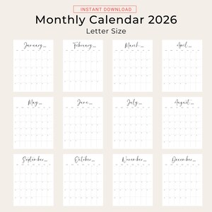 Printable 2026 Calendar 2026 Monthly Planner PDF Vertical Elegant Wall Calendar Sunday & Monday Start 2025 A4 Letter Size Desk Calendar 2026