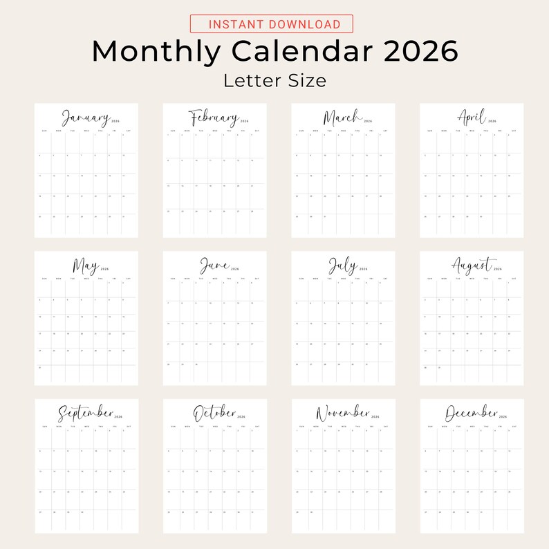 Printable 2026 Calendar 2026 Monthly Planner PDF Vertical Elegant Wall Calendar Sunday & Monday Start 2025 A4 Letter Size Desk Calendar 2026