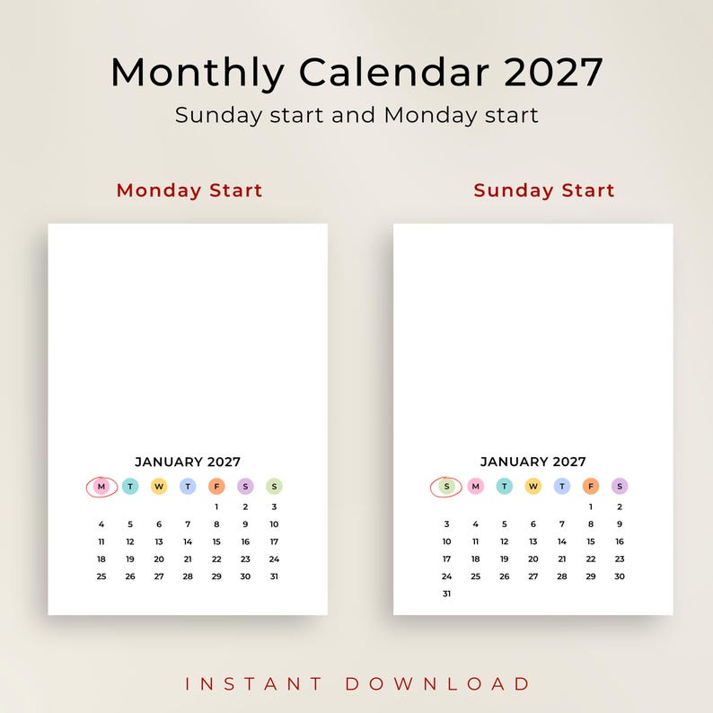 Small 2027 Monthly Calendar 5x7 Inch 2027 Calendar Card Portrait