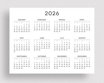 2026 Wall Calendar Easy to Read 2026 Yearly Calendar Minimalist Printable PDF Big Number Calendar Landscape A3 A4 Letter Size Download