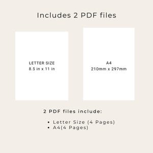 Puede incluir: Dos cuadrados blancos con texto negro. El primer cuadrado dice "LETTER SIZE 8.5 in x 11 in". El segundo cuadrado dice "A4 210mm x 297mm". Debajo de los cuadrados, el texto dice "2 PDF files include: &bull; Letter Size (4 Pages) &bull; A4(4 Pages)"
